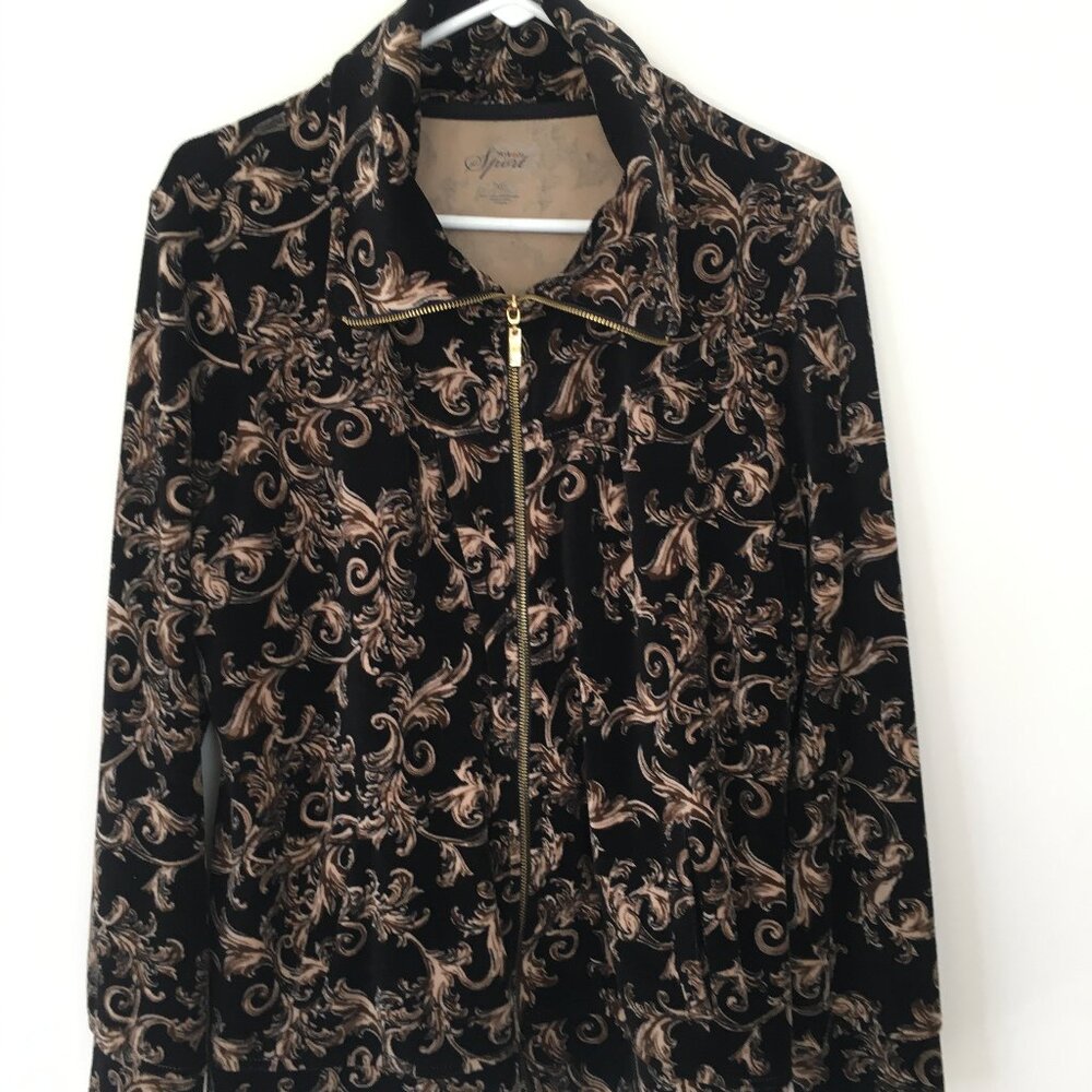 Style & Co. Black and Tan  Zip Front Velour Jacket  Size XL